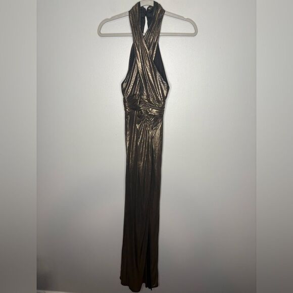 IEENA FOR MAC DUGGAL 26738 Gold Metallic Criss Cross Halter Neck Gown - Picture 8 of 10